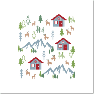 Winter Night Deer Forest Cabin I Posters and Art